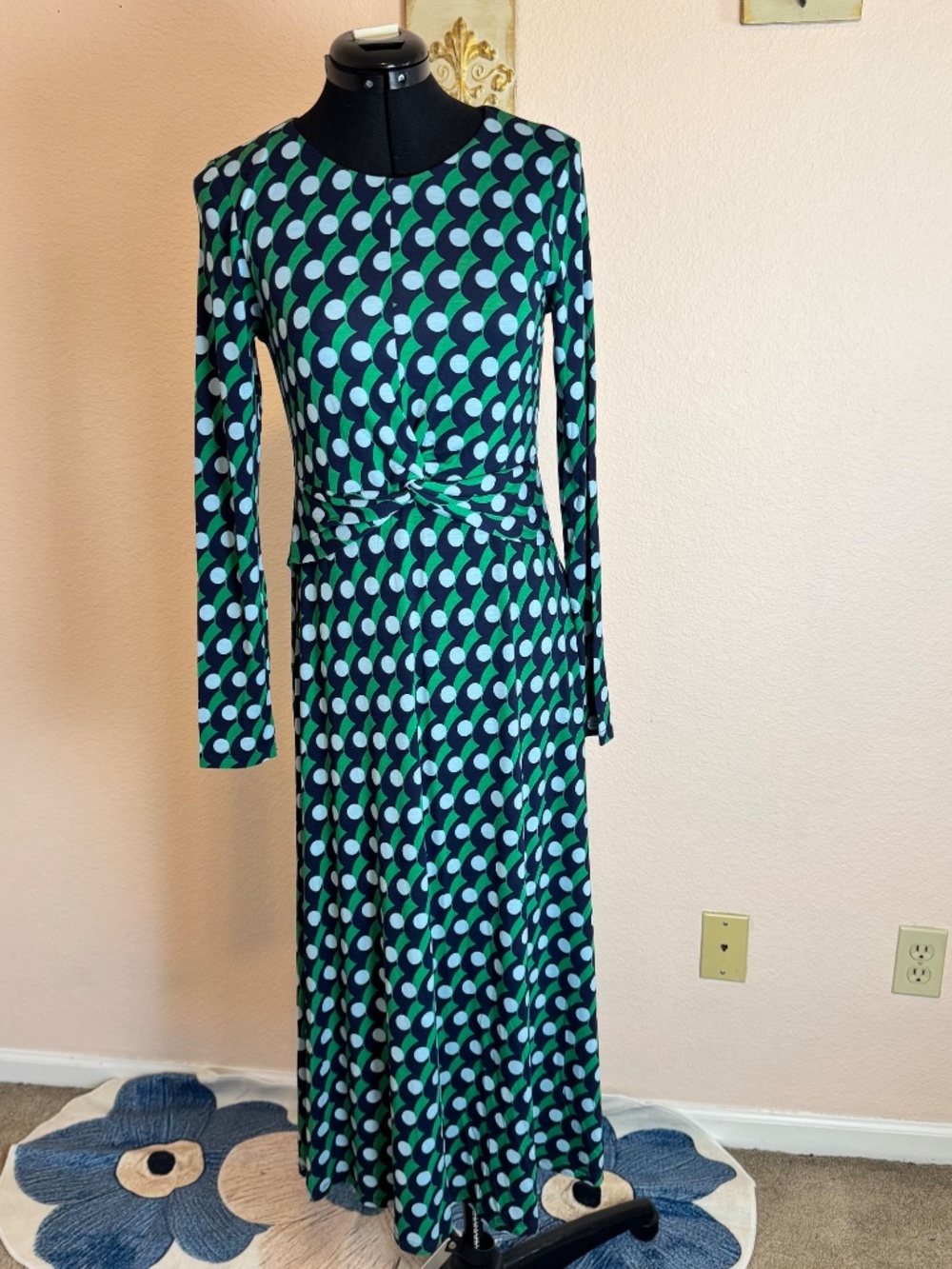 Retro mod Twisted Waist Jersey Teal Green Geometric Print Boden Midi Dress Sz 4 - Picture 3 of 9